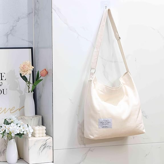 Women's Large Canvas Hobo Shoulder Bag - Beige Travel Handbag Tote, Casual Messenger
